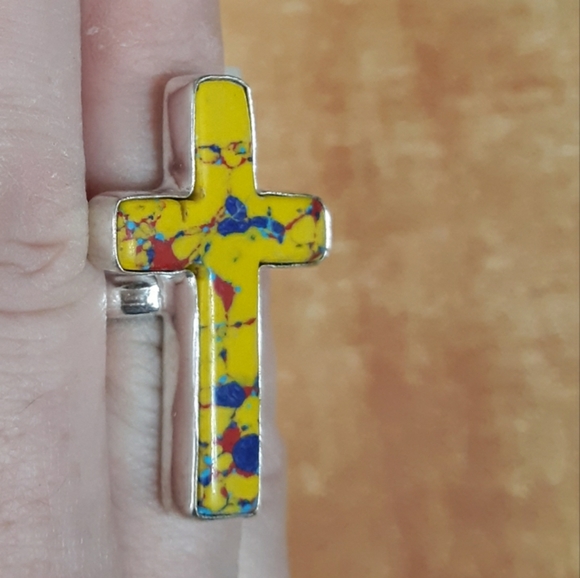 New Mosaic Balloon Jasper 925 Silver Cross Ring. - Picture 7 of 8